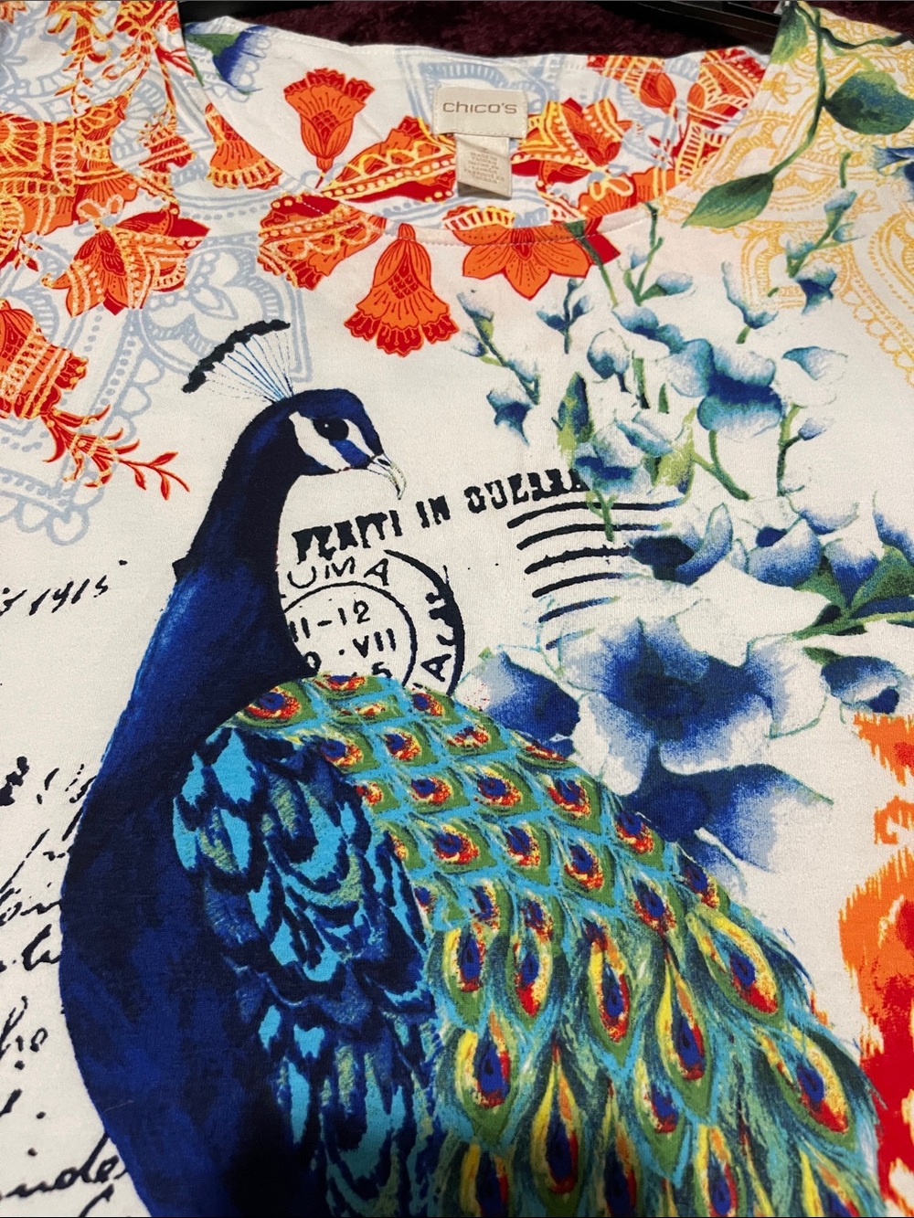 Chico's Blue and Green Peacock Print Decorative Textile